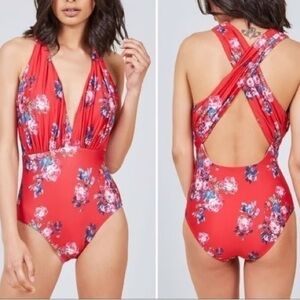 ModCloth The Lauren Floral Print Plunge Neckline Criss Cross Back One Piece Suit